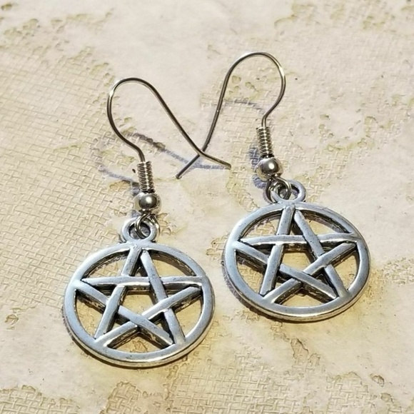 Silver Pentacle Wiccan Pagan Circle Drop Earrings - Picture 1 of 2
